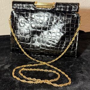 VINTAGE!!!! Y&S Handbags Black Crocodile-Embossed Clutch with Gold Chain
